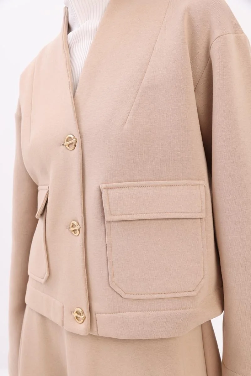 Allday Beige-Metal Buttoned Raised Skirt Suit