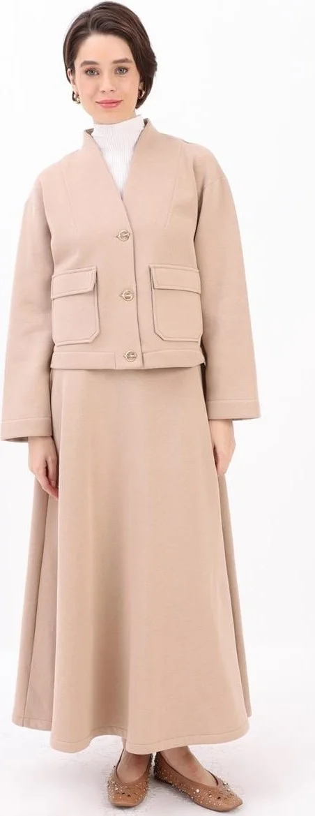 Allday Beige-Metal Buttoned Raised Skirt Suit