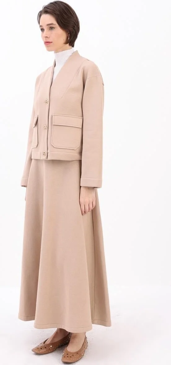 Allday Beige-Metal Buttoned Raised Skirt Suit