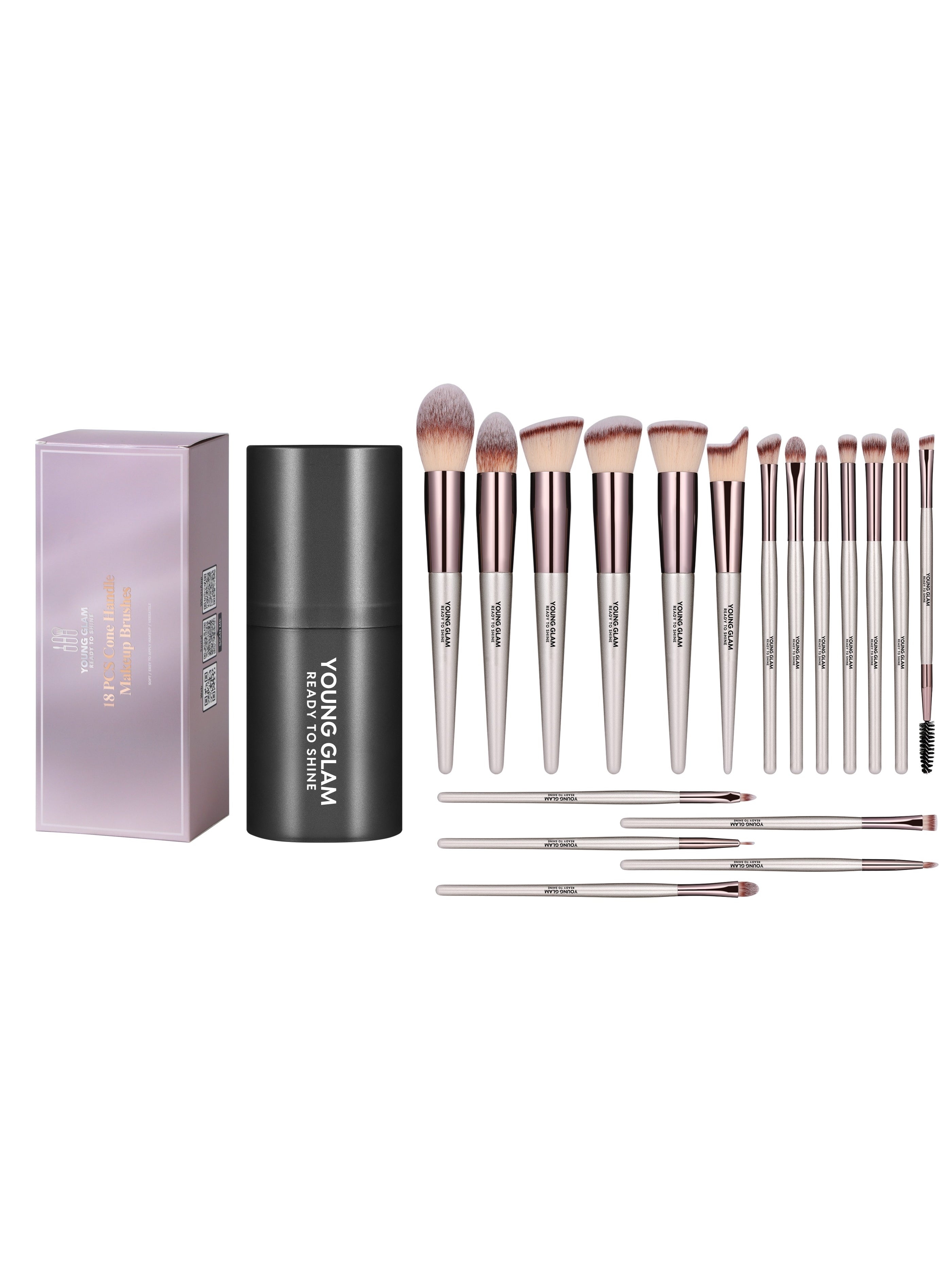 Young Glam Young Glam Essentials Makeup Brush Set 18 Pcs with Blending Eyeshadow Brushes, Powder Brushes, Angled Brushes with Black Travel Case 