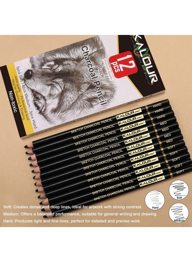 KALOUR Professional Charcoal Pencils Drawing Set 12 Pieces Soft Medium And Hard Charcoal Pencils For Drawing Sketching Shading Artist Pencils For Beginners & Artists - Image 2