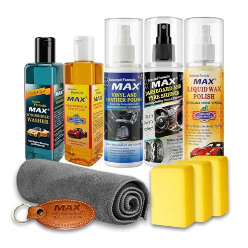 MAX Complete Car Care Kit - STANDARD (Pack of 5 Items of 200 ML Each, 1 Pc Microfiber Cloth 350 GSM, 3 Pcs Foam Applicators and 1 Pc Leather Keychain) for Car Cleaning, Washing, Conditioning and Polishing - Image 1