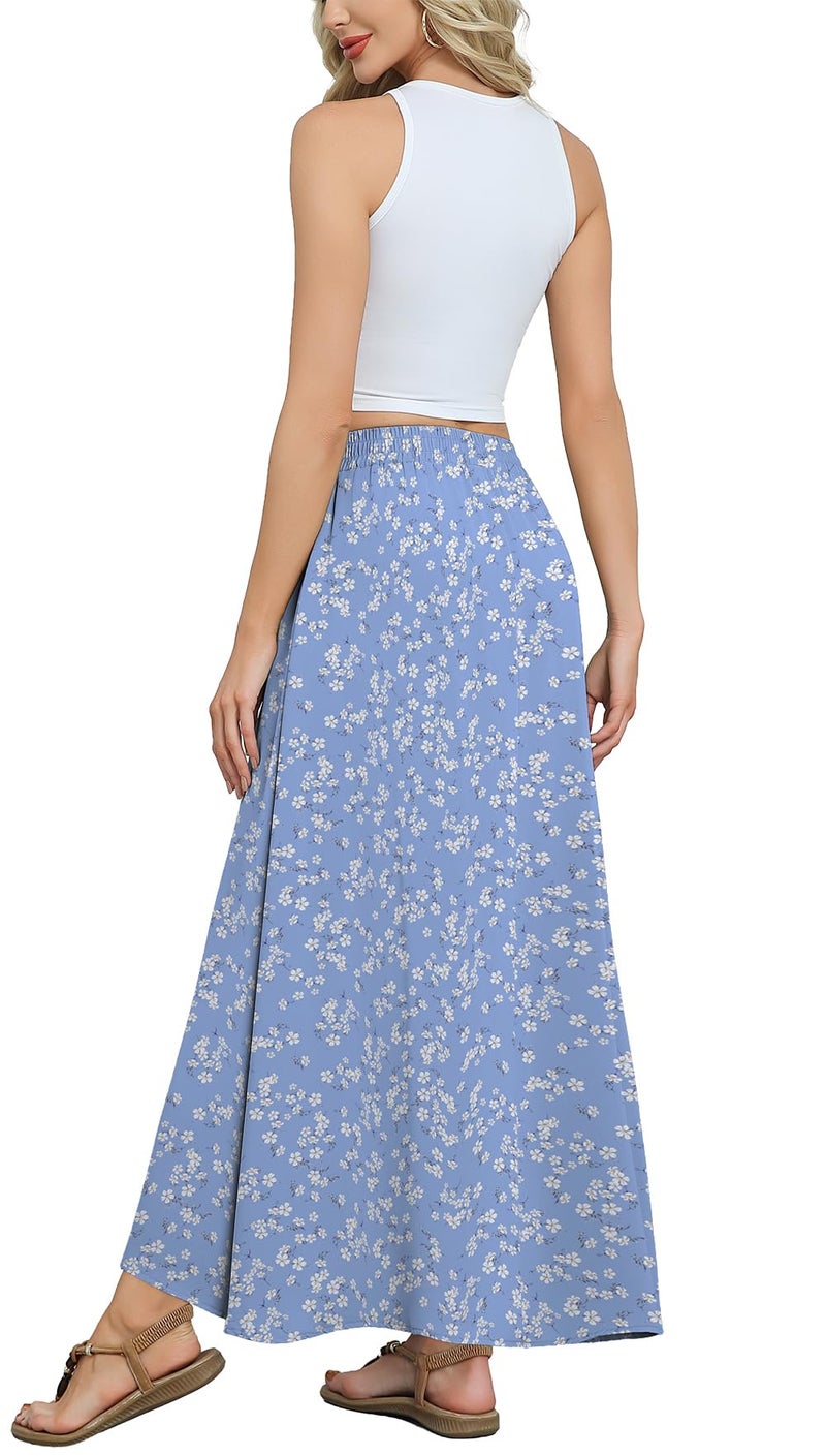 Askyes Womens Long Skirts Summer Beach Cute Flowy High Waisted Casual Maxi Skirts with Pockets,Light Blue Floral,M - Image 1