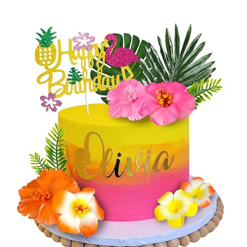 DRWATE 13 PCS Hawaiian Flower Cake Toppers Summer Cake Decoration with Palm Leaves and Hibiscus Flower for Hawaiian Aloha Flamingo Themed Party Supplies (Type 2) - Image 1