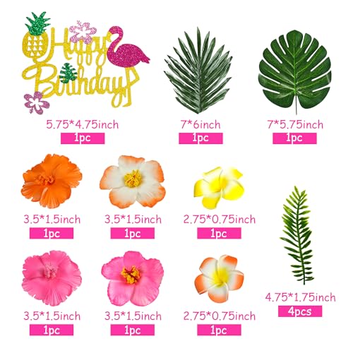 DRWATE 13 PCS Hawaiian Flower Cake Toppers Summer Cake Decoration with Palm Leaves and Hibiscus Flower for Hawaiian Aloha Flamingo Themed Party Supplies (Type 2) - Image 2