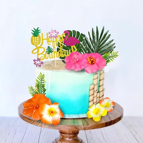 DRWATE 13 PCS Hawaiian Flower Cake Toppers Summer Cake Decoration with Palm Leaves and Hibiscus Flower for Hawaiian Aloha Flamingo Themed Party Supplies (Type 2) - Image 3