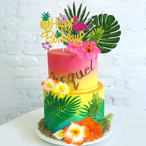 DRWATE 13 PCS Hawaiian Flower Cake Toppers Summer Cake Decoration with Palm Leaves and Hibiscus Flower for Hawaiian Aloha Flamingo Themed Party Supplies (Type 2) - Image 5