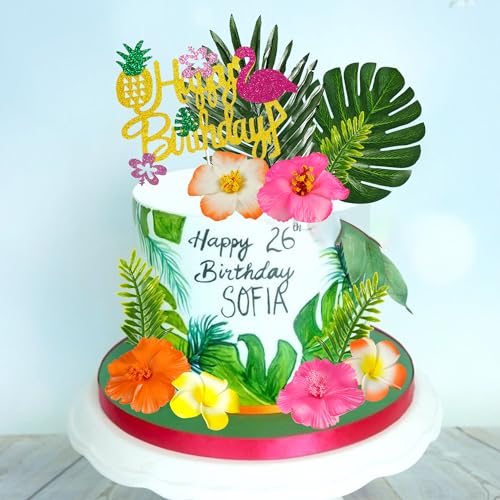 DRWATE 13 PCS Hawaiian Flower Cake Toppers Summer Cake Decoration with Palm Leaves and Hibiscus Flower for Hawaiian Aloha Flamingo Themed Party Supplies (Type 2) - Image 4
