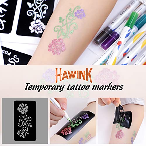 Hawink أقلام الوشم المؤقتة من هاوينك للبشرة، 10 أقلام للجسم + 56 قالب وشم كبير للأطفال والبالغين، أقلام وشم مزدوجة الطرف تصنع خطوط جريئة ودقيقة بحبر وشم من الدرجة التجميلية ZYH2208001KIT - Image 4