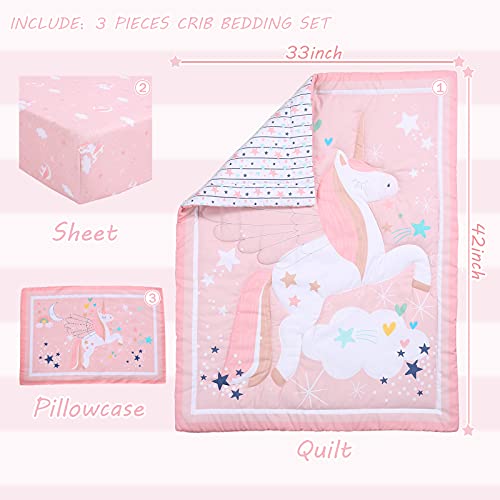 UOMNY Crib Bedding Set for Girls - Pink Baby Nursery Sets 3 Pieces Quilt Comforter Fitted Sheet Toddler Pillowcase Soft Star - Image 2