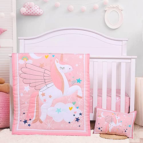 UOMNY Crib Bedding Set for Girls - Pink Baby Nursery Sets 3 Pieces Quilt Comforter Fitted Sheet Toddler Pillowcase Soft Star - Image 1