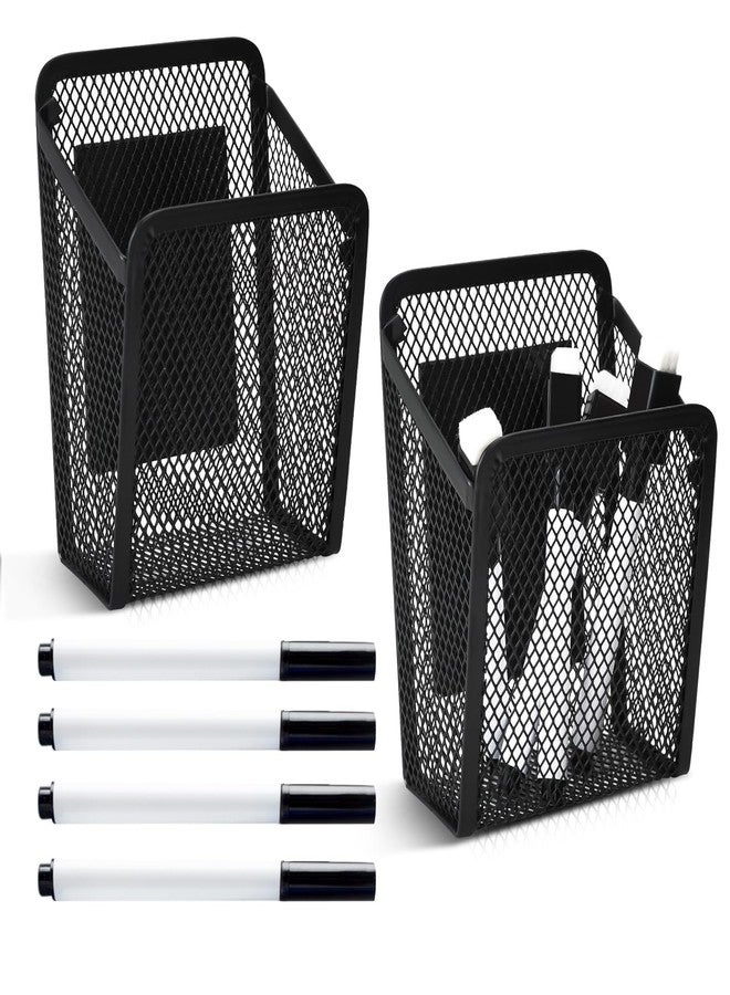 JIABEIUS 2 Pcs Magnetic Pen Holder, Metal Mesh Storage Basket, Pencial Holder with 4pcs Whiteboard Pens, Locker Organiser for Fridge, Whiteboard, Locker, Home or Office - Image 1