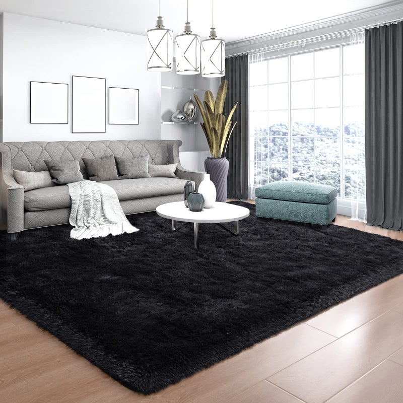 Ultra Soft Black Rugs for Bedroom 8x10 Feet Fluffy Shag Area Rugs for Living Room Large Comfy Furry Rug for Boys Kids Baby Room Decor Non Slip Nursery Rug Modern Indoor Fuzzy Floor Carpet