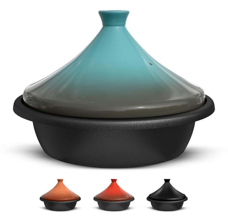 Kook KooK Moroccan Tagine Enameled Cast Iron Cooking Pot Tajine with Ceramic ConeShaped Closed Lid 33 QT Stone Blue 