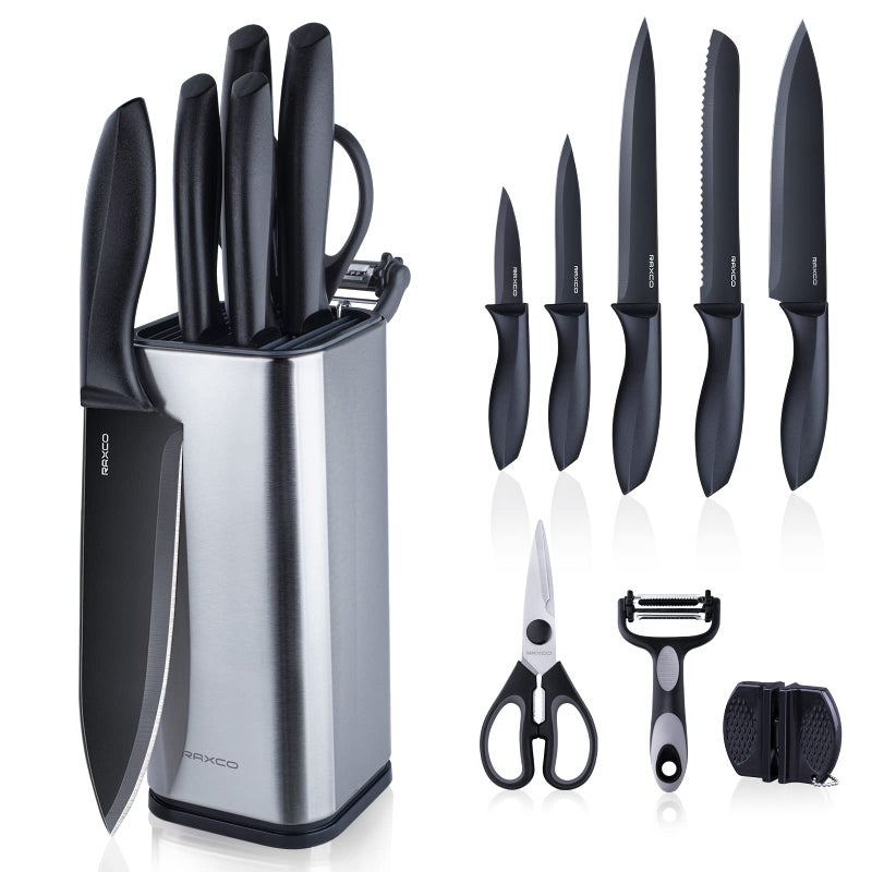 RAXCO Knife Set with Block,10-Piece Kitchen Knives Stainless Steel,Pro-sharpened for Cooking,Slicing,Mincing,Dicing,Black - Image 1