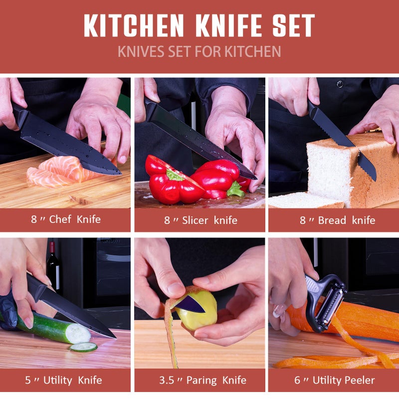 RAXCO Knife Set with Block,10-Piece Kitchen Knives Stainless Steel,Pro-sharpened for Cooking,Slicing,Mincing,Dicing,Black - Image 4