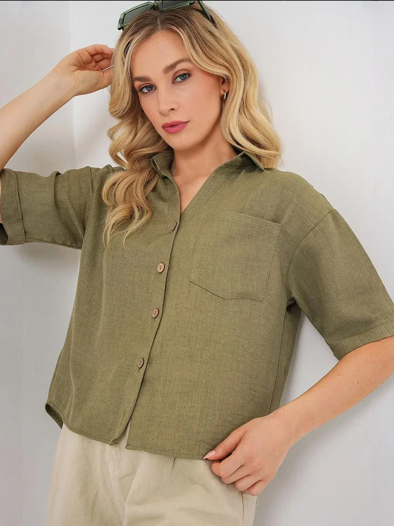 BIG DART BDART Linen Blended Short Sleeve Button-Up Crop Shirt