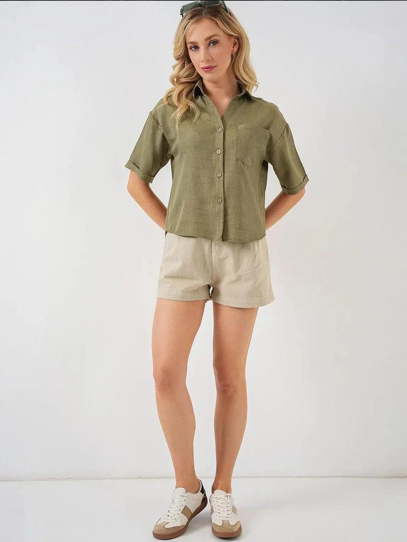 BIG DART BDART Linen Blended Short Sleeve Button-Up Crop Shirt