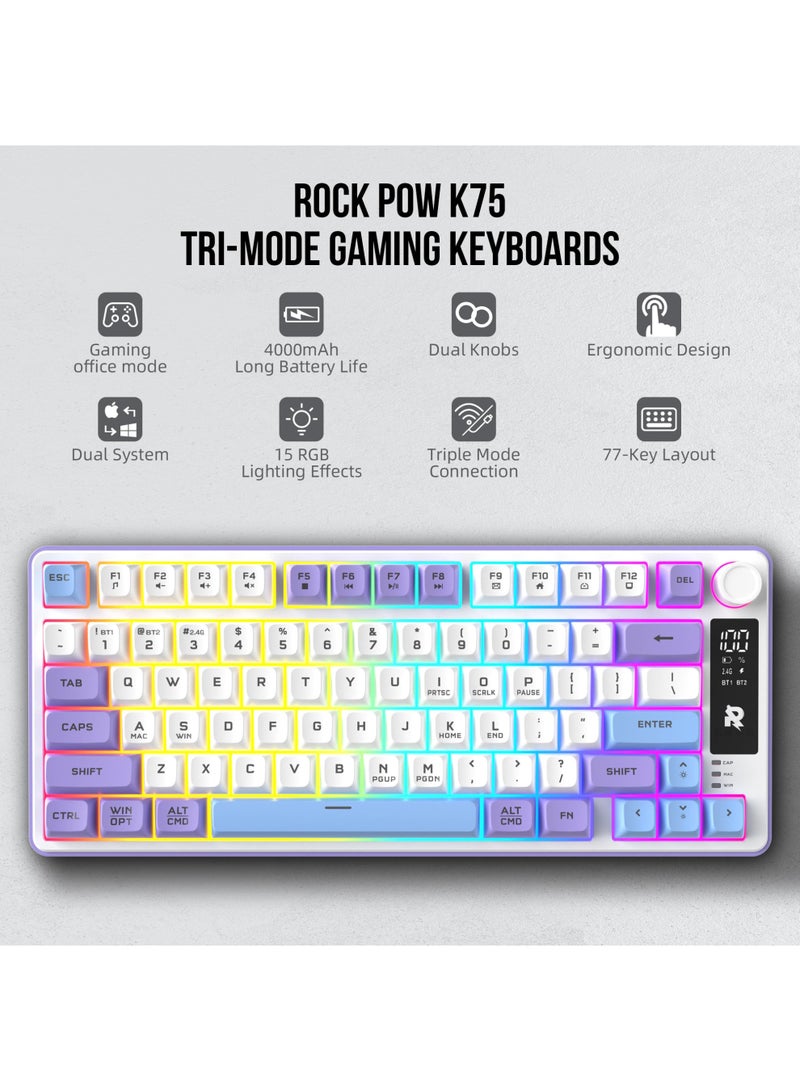 روك بو لوحة مفاتيح ألعاب لاسلكية ROCK POW 75% 77 مفتاحًا مزودة بتقنية البلوتوث مع مقبض وسائط وإضاءة خلفية RGB ولوحة مفاتيح غشائية هادئة 4000 مللي أمبير في الساعة لأجهزة الكمبيوتر/الكمبيوتر اللوحي/Xbox/PS4/PS5 بلون كريمي لافندر وأزرق - Image 2
