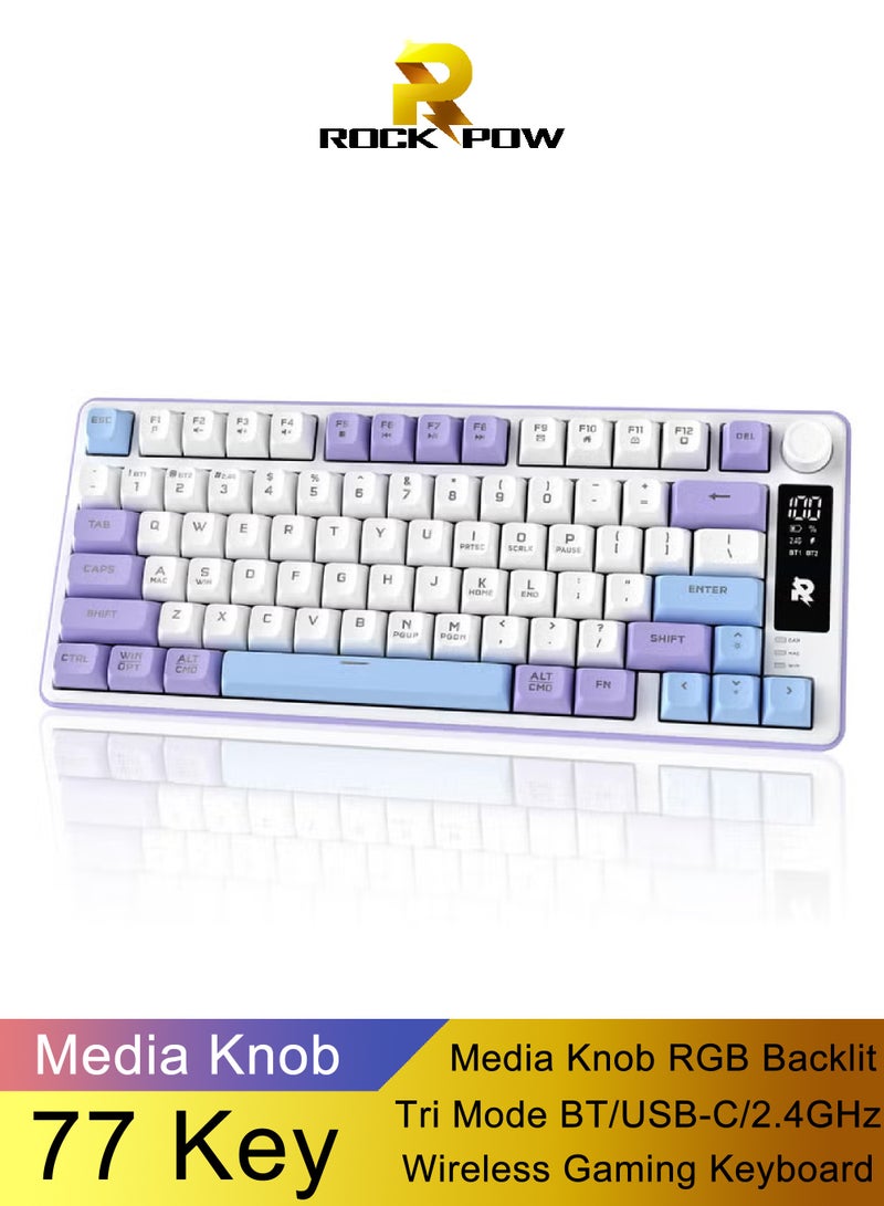 روك بو لوحة مفاتيح ألعاب لاسلكية ROCK POW 75% 77 مفتاحًا مزودة بتقنية البلوتوث مع مقبض وسائط وإضاءة خلفية RGB ولوحة مفاتيح غشائية هادئة 4000 مللي أمبير في الساعة لأجهزة الكمبيوتر/الكمبيوتر اللوحي/Xbox/PS4/PS5 بلون كريمي لافندر وأزرق - Image 1