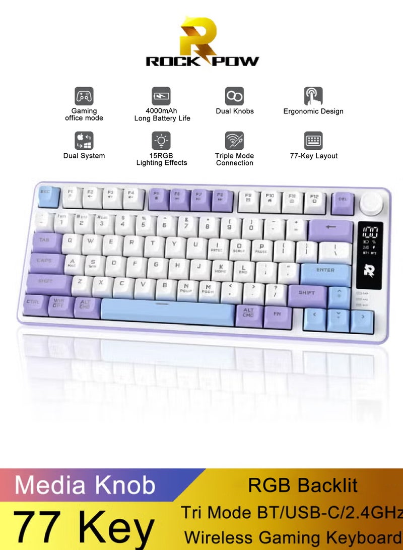 ROCK POW 75% 77 Key Wireless Gaming Keyboard Bluetooth Computer Keyboard with Media Knob RGB Backlit Tri Mode BT/USB-C/2.4GHz 4000mAh Quiet Membrane Keyboards for PC/Tablet/Xbox/PS4/PS5 Creamy Lavender & Blue - Image 1