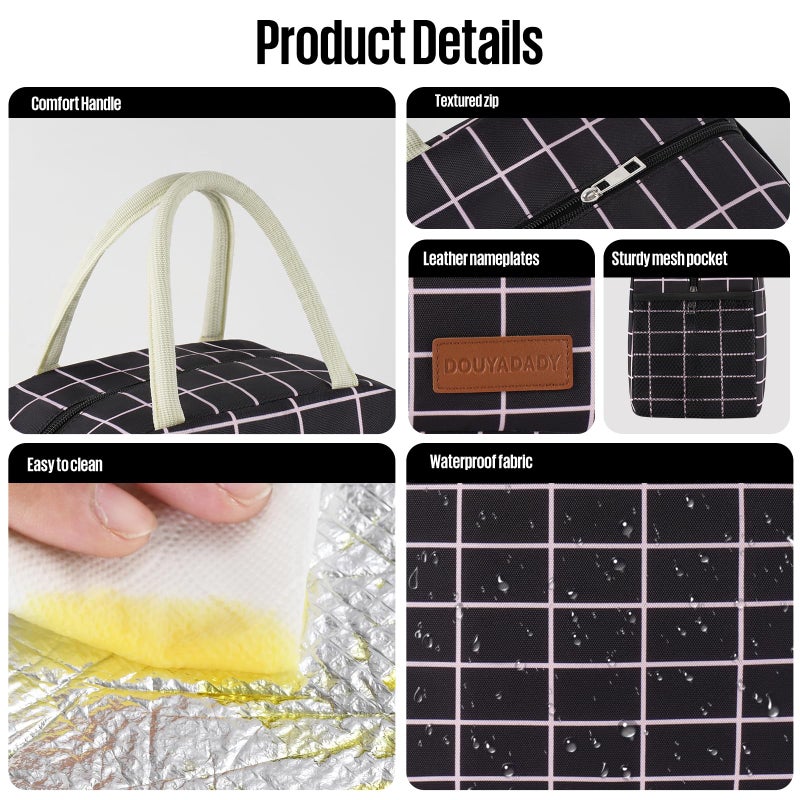 douyadady Lunch Bag Women/Men Lunch Box Women/Men (Black+Pink Blocks) - Image 4