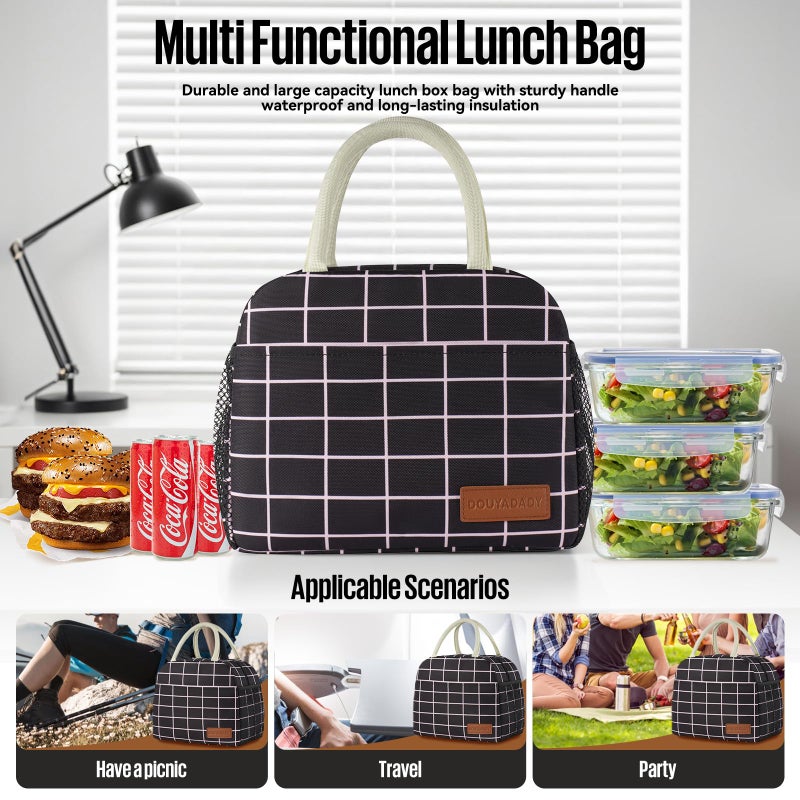 douyadady Lunch Bag Women/Men Lunch Box Women/Men (Black+Pink Blocks) - Image 3