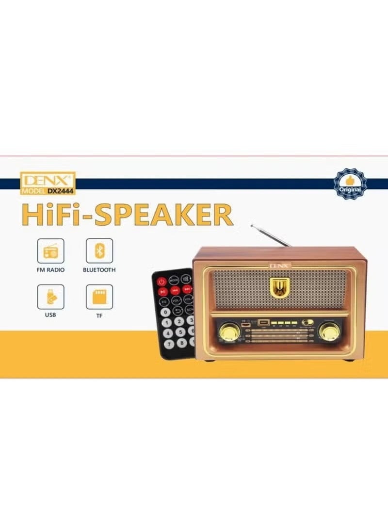 Denx Rechargeable HI-FI Radio with Remote Control, Large Capacity Battery, Portable, Retro Style FM Radio, Support Bluetooth, SD Card Slot, USB DX2444 