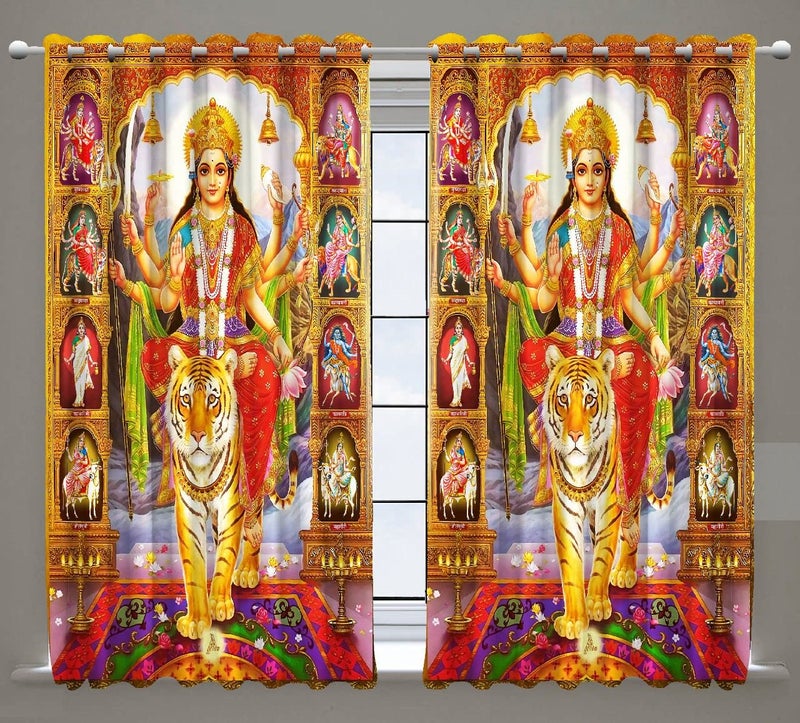 Honger 3D Digital God Durga MATA ji Printed 4 x 7 Feet Door Curtain Pack of 1 Pecs for Temple Room Use God Nav Durga Printed Curtain