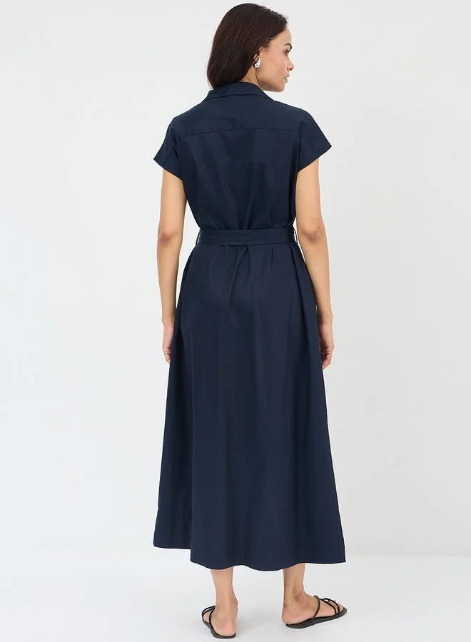 Femmella Navy Blue Cotton Maxi Shirt Dress