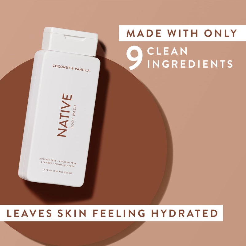 Native Body Wash Contains Naturally Derived Ingredients | For Women & Men, Sulfate, Paraben, & Dye Free Leaving Skin Soft and Hydrated | Coconut & Vanilla 18 oz - 2 Pk - Image 4