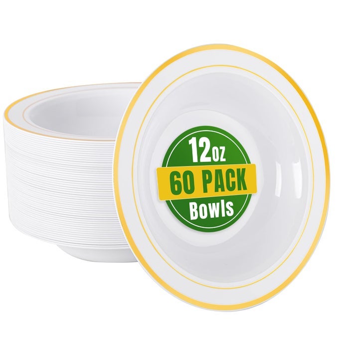 60 PACK PLASTIC BOWLS WITH GOLD RIM 12 OZ PLASTIC SOUP BOWLS DISPOSABLE FOR WEDDING PARTY GATHERING