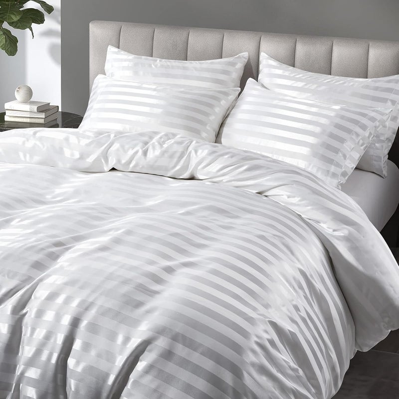 P Pothuiny 5 Pieces Satin Striped Duvet Cover King Size Set - Luxury Silky Like Ivory White Stripe Bedding With Zipper Closure, 1 Cover + 4 Pillow Cases (No Comforter) - Image 1