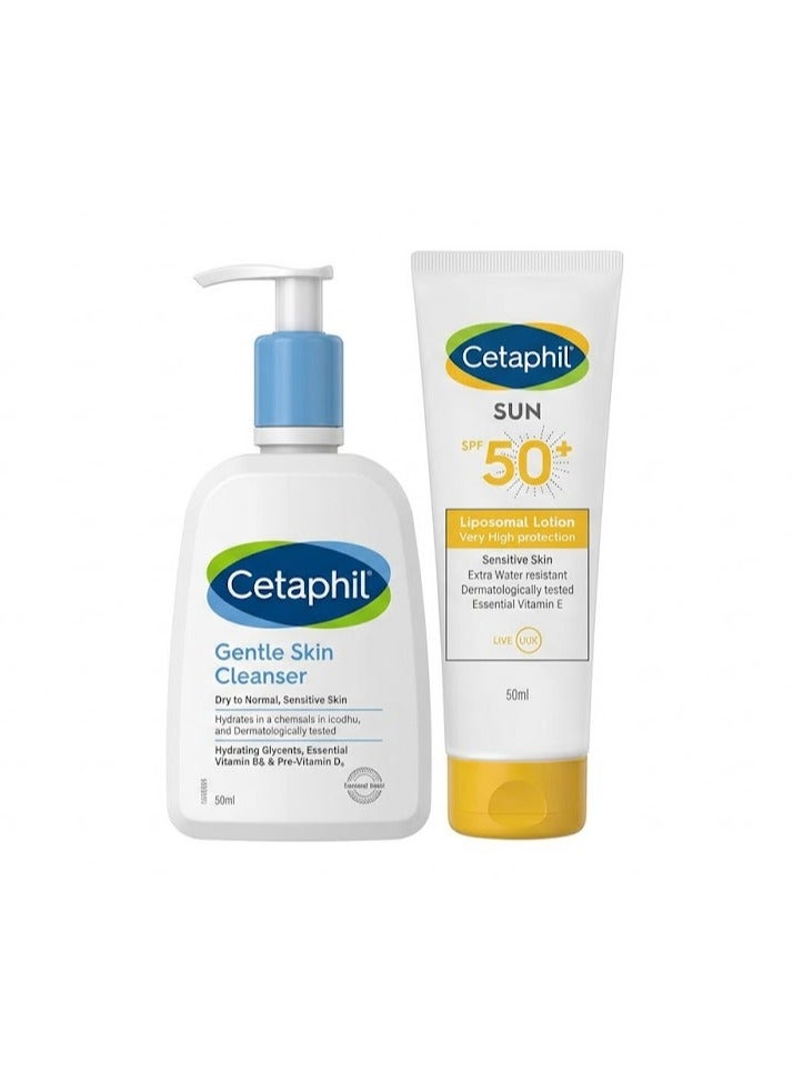 Cetaphil Gentle Skin Cleanser, Face And Body Wash For Dry To Normal, Sensitive Skin, Unscented clear 236ml & Sun Liposomal Lotion Spf 50+, Face And Body Moisturizer Sunscreen For Sensitive Skin, Very High Protection And Extra Water Resistant. Contains Essential Vitamin E And Aloe Vera, Unscented 50ml Bundle - Image 1