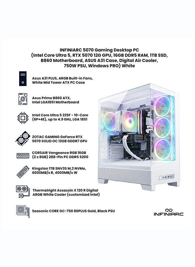 انفني ارك INFINIARC 5070 Gaming Desktop PC (Intel Core Ultra 5, RTX 5070 12G GPU, 16GB DDR5 RAM, 1TB SSD, B860 Motherboard, ASUS A31 Case, Digital Air Cooler ARGB, 750W Gold PSU, Windows PRO) White Black - Image 2