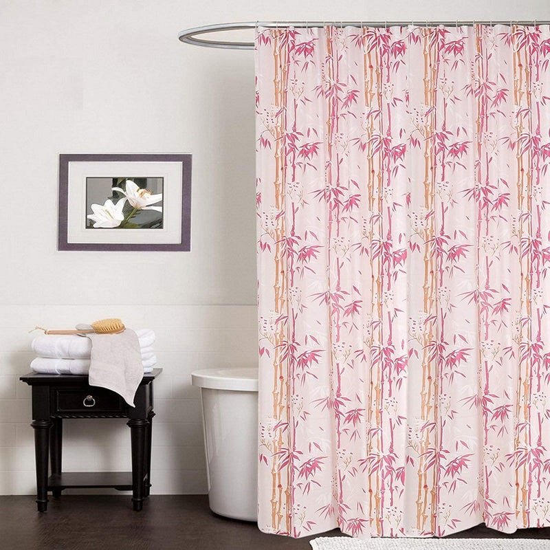SHAVIN PVC Printed Bamboo Bathroom Shower Curtain with Hooks (54 x 108 Inches, Pink) - Image 1