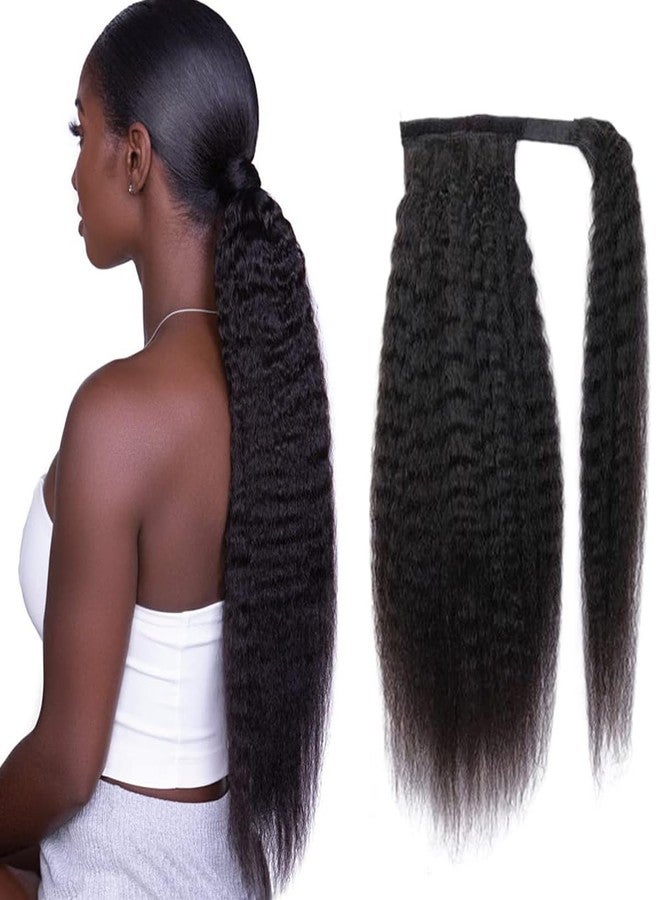 Feelgrace Kinky Straight Human Hair Ponytail Extensions Natural Black Color Brazilian Real Human Hair Clip in Drawstring Yaki Kinky Straight Ponytail Hairpiece Afro Ponytail Hair Natural Black Color 14 inch - Image 1