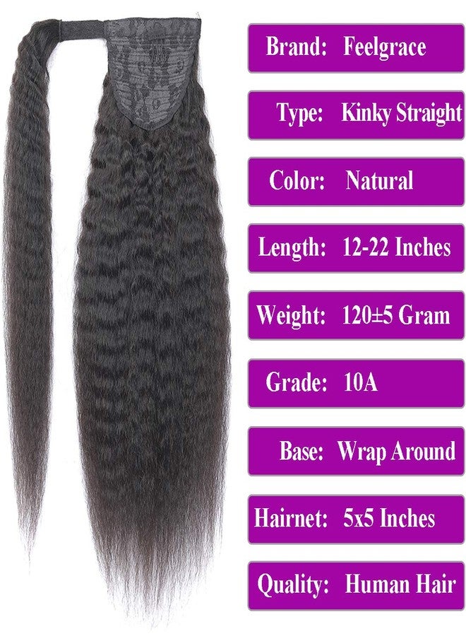 Feelgrace Kinky Straight Human Hair Ponytail Extensions Natural Black Color Brazilian Real Human Hair Clip in Drawstring Yaki Kinky Straight Ponytail Hairpiece Afro Ponytail Hair Natural Black Color 14 inch - Image 5