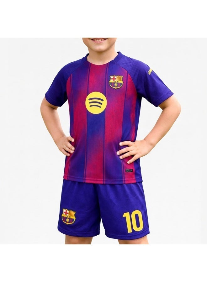 اف سي برشلونة طقم قميص كرة قدم للأطفال بتصميم برشلونة – تيشيرت رياضي مع شورت، ملابس رياضية خفيفة ومريحة للأولاد والبنات - Image 1
