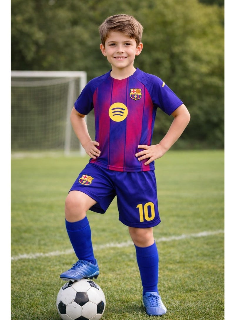 اف سي برشلونة طقم قميص كرة قدم للأطفال بتصميم برشلونة – تيشيرت رياضي مع شورت، ملابس رياضية خفيفة ومريحة للأولاد والبنات - Image 2