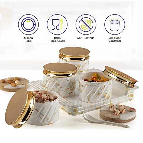 Selvel Unbreakable & Air Tight Dry Fruit Container Tray Set with Lid & Serving Tray, Snack Serving Bowls with Lid 430ml (4 Pieces, Polypropylene) (Marbello White) - Image 5