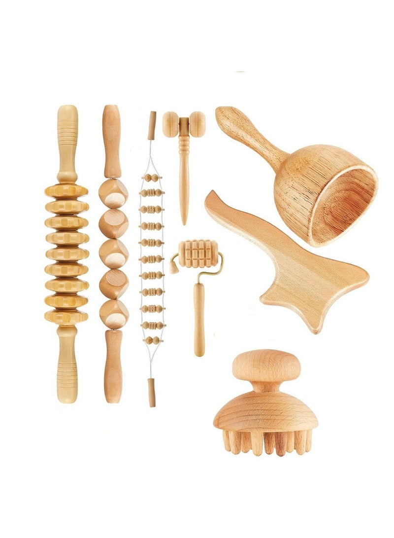 8PCS Wood Therapy Massage Tools Set for Lymphatic Drainage & Cellulite Reduction, Wooden Body Sculpting Massager Kit for Fascia Muscle Pain Relief, Maderoterapia Roller Tools for Back Legs Arms Waist Face - Image 1