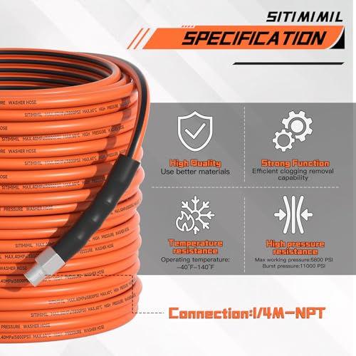 SITIMIMIL Sewer Jetter Kit for Pressure Washer 100FT5800psi Drain Cleaner Hose 14 Inch Npt Corner with 5 Sewer Jetting Nozzles Sealing Tape Pearl Corsage Pin Spanner Glove Drain Snake - Image 3
