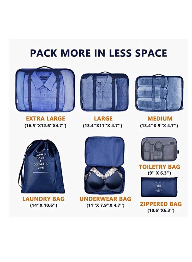 DUNISO 7Pcs Travel Clothes Storage Waterproof Bags Portable Luggage Organizer Pouch Packing Cube Local Storage Bags（Navy blue） - Image 3