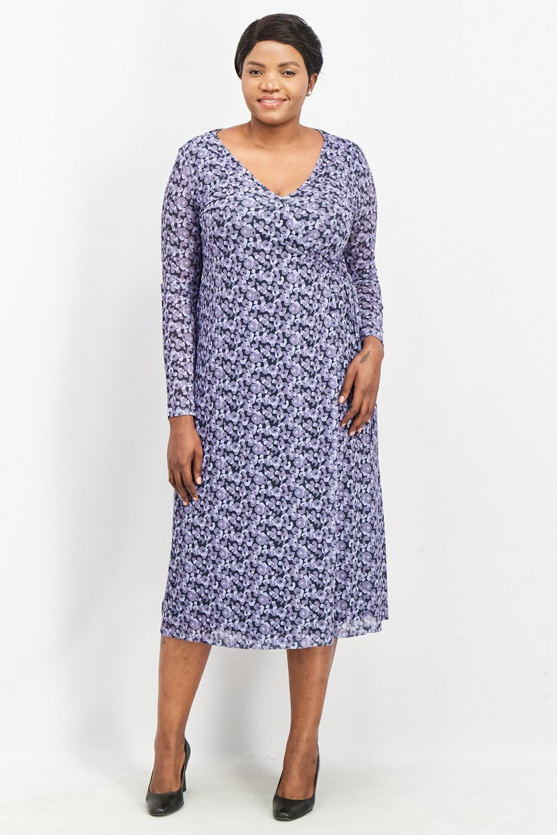 NA-KD Women Floral Print Overlap Midi Dress, Purple - Image 1