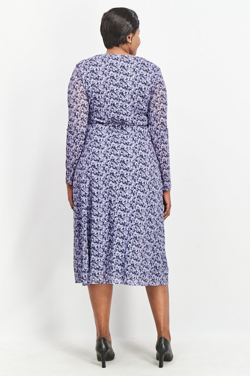 NA-KD Women Floral Print Overlap Midi Dress, Purple - Image 3