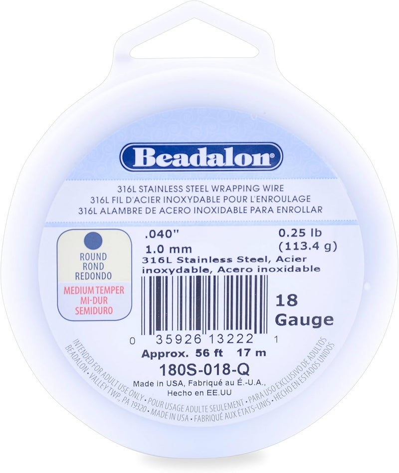 Beadalon سلك لف من الفولاذ المقاوم للصدأ 316L بقطر 18 قياس بطول 56 قدم ووزن 14 رطل - Image 1