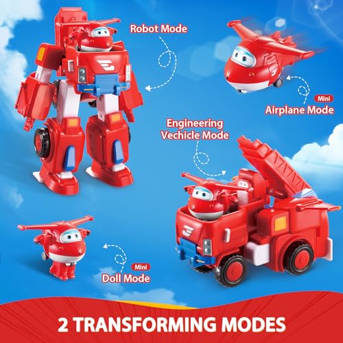 Super Wings Transformable Toys 7 Jett Robot Suit and 2 Scale Transforming Jett Mini Action Figure2in1 Mode Vehicle and Robot Vehicle Playset for Kids 3Gifts for Boys and GirlsRed - Image 5