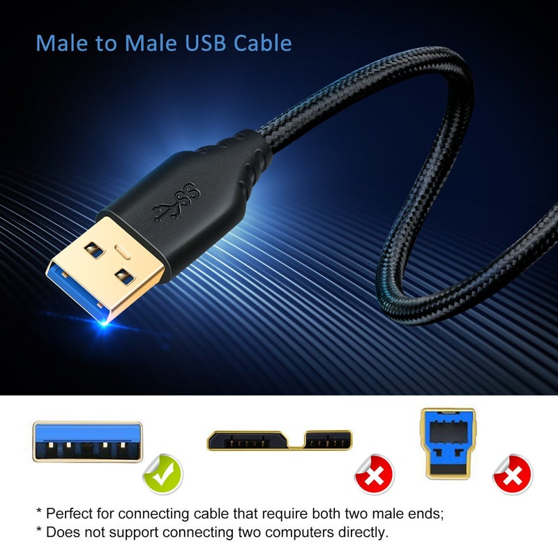 كابل USB إلى USB، مجموعة المكونة من قطعتين بطول 3 أقدام/1 متر، كابل USB 3.0 من الن��ع A ذكر إلى ذكر مضفر - كابل USB قصير من ذكر إلى ذكر لنقل البيانات، وأغلفة القرص الصلب، ومشغل DVD، ومبرد الكمبيوتر المحمول وغيرها - Image 2