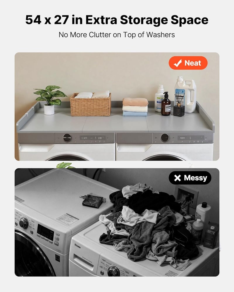 VEVOR Washer Dryer Countertop with 3 Splicing Panels, 54" x 27" Wooden Washer and Dryer Countertop with 2 Hooks, Water-Resistant Laundry Topper for Laundry Room Organization and Storage, Gray - Image 3